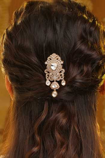 Buy_Ruby Raang_White Pearls, Stones Kundan Brass Hair Clip _at_Aza_Fashions