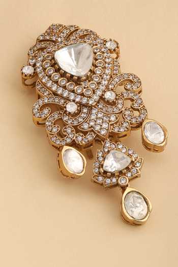 Shop_Ruby Raang_White Pearls, Stones Kundan Brass Hair Clip _at_Aza_Fashions