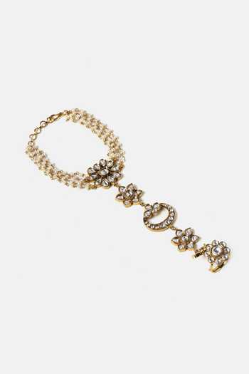 Ruby Raang_White Pearls, Stones Kundan Embellished Haathphool _Online_at_Aza_Fashions
