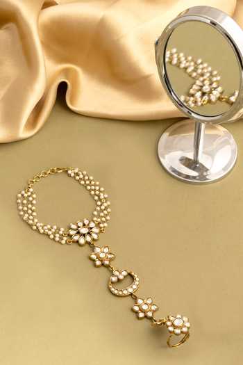 Shop_Ruby Raang_White Pearls, Stones Kundan Embellished Haathphool _at_Aza_Fashions
