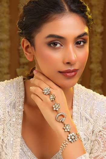 Buy_Ruby Raang_White Pearls, Stones Kundan Embellished Haathphool _at_Aza_Fashions