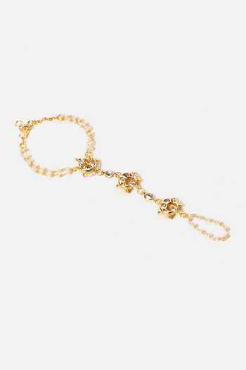 Ruby Raang_White Pearls, Stones Kundan Brass Hand Harness _Online_at_Aza_Fashions