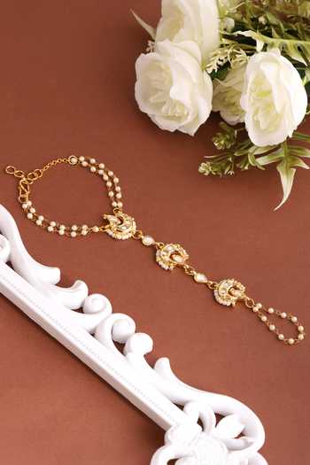 Shop_Ruby Raang_White Pearls, Stones Kundan Brass Hand Harness _at_Aza_Fashions