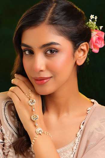 Buy_Ruby Raang_White Pearls, Stones Kundan Brass Hand Harness _at_Aza_Fashions