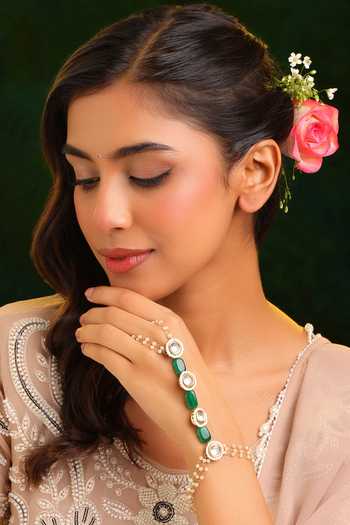 Buy_Ruby Raang_Green Beads, Pearls, Stones, Crystals Kundan Embellished Haathphool _at_Aza_Fashions
