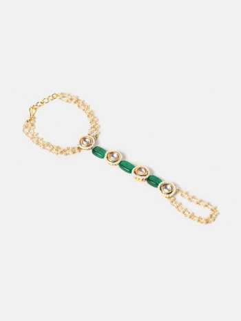 Shop_Ruby Raang_Green Beads, Pearls, Stones, Crystals Kundan Embellished Haathphool _Online_at_Aza_Fashions