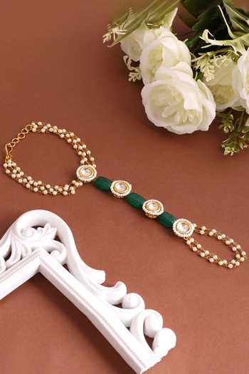 Shop_Ruby Raang_Green Beads, Pearls, Stones, Crystals Kundan Embellished Haathphool _at_Aza_Fashions
