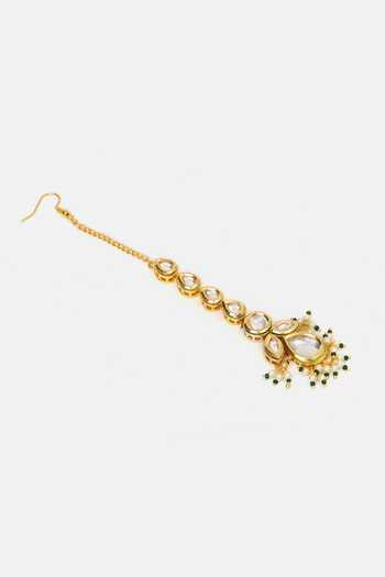 Ruby Raang_Green Beads, Pearls, Stones Kundan Embellished Maangtikka _Online_at_Aza_Fashions