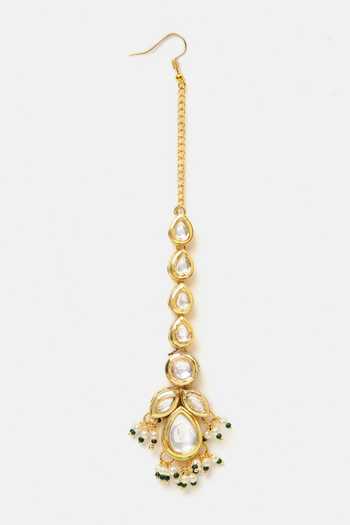 Buy_Ruby Raang_Green Beads, Pearls, Stones Kundan Embellished Maangtikka _Online_at_Aza_Fashions