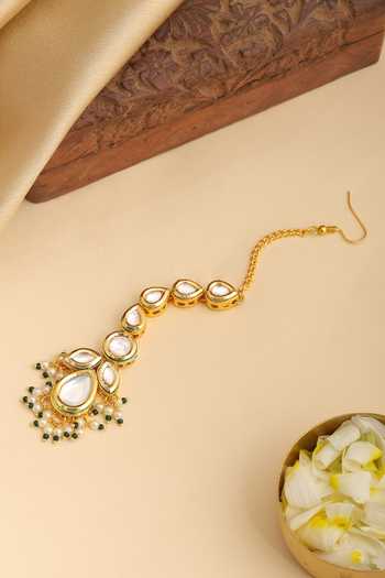 Shop_Ruby Raang_Green Beads, Pearls, Stones Kundan Embellished Maangtikka _at_Aza_Fashions