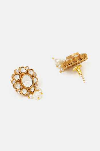 Buy_Ruby Raang_White Pearls, Stones, Crystals Kundan Floral Embellished Dangler Earrings _Online_at_Aza_Fashions