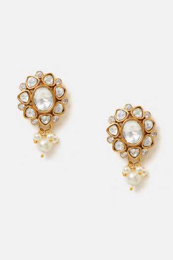 Shop_Ruby Raang_White Pearls, Stones, Crystals Kundan Floral Embellished Dangler Earrings _Online_at_Aza_Fashions