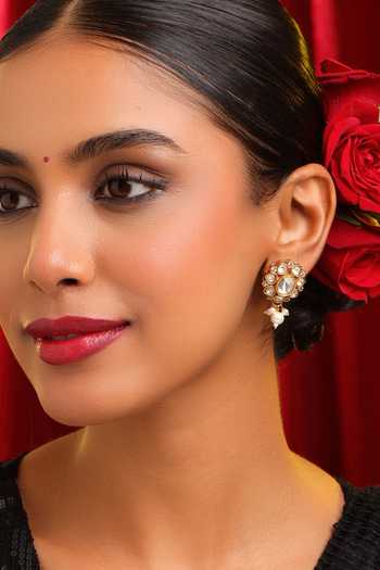 Buy_Ruby Raang_White Pearls, Stones, Crystals Kundan Floral Embellished Dangler Earrings _at_Aza_Fashions
