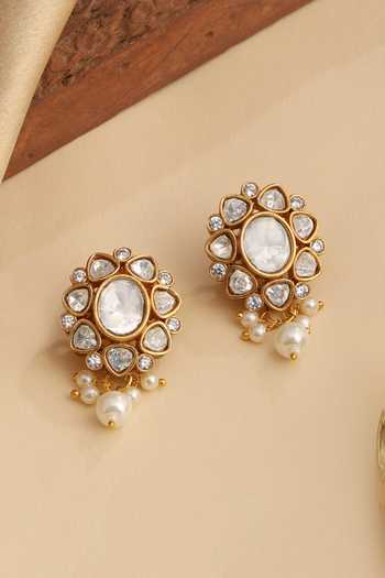 Shop_Ruby Raang_White Pearls, Stones, Crystals Kundan Floral Embellished Dangler Earrings _at_Aza_Fashions