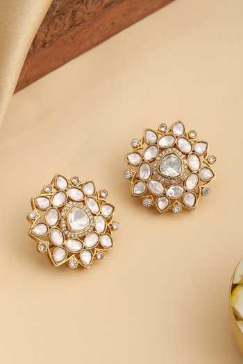 Shop_Ruby Raang_White Stones, Crystals Kundan Floral Stud Earrings _at_Aza_Fashions