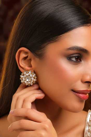 Buy_Ruby Raang_White Stones, Crystals Kundan Floral Stud Earrings _at_Aza_Fashions
