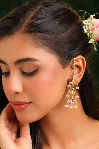 Buy_Ruby Raang_Gold Plated Kundan Brass Earrings _at_Aza_Fashions
