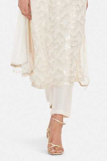 Buy_Basanti Kapde aur Koffee_Ivory Georgette Sequins, Beads, Stones Off-white Shimmer Kurta And Pant Set _Online_at_Aza_Fashions