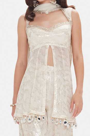 Buy_Basanti Kapde aur Koffee_Ivory Georgette Sequins, Beads, Mirrors, Tassels The Royal Pearl Sharara Set _Online_at_Aza_Fashions
