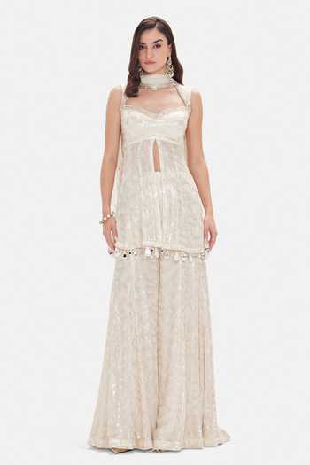Shop_Basanti Kapde aur Koffee_Ivory Georgette Sequins, Beads, Mirrors, Tassels The Royal Pearl Sharara Set _Online_at_Aza_Fashions