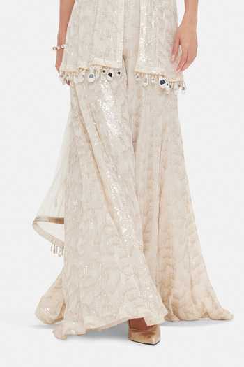 Basanti Kapde aur Koffee_Ivory Georgette Sequins, Beads, Mirrors, Tassels The Royal Pearl Sharara Set _at_Aza_Fashions