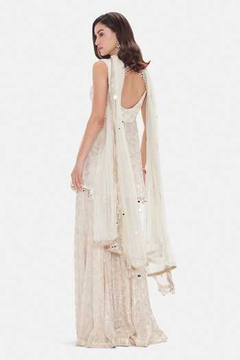 Basanti Kapde aur Koffee_Ivory Georgette Sequins, Beads, Mirrors, Tassels The Royal Pearl Sharara Set _Online_at_Aza_Fashions