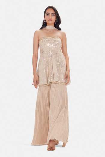 Buy_Basanti Kapde aur Koffee_Beige Georgette Sequins Bandeau Neck Royal Sandstone Sharara Set _at_Aza_Fashions