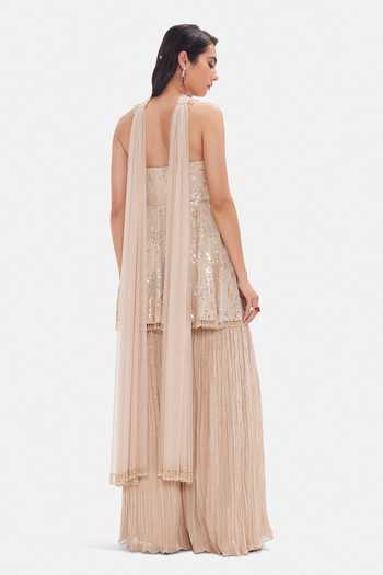 Shop_Basanti Kapde aur Koffee_Beige Georgette Sequins Bandeau Neck Royal Sandstone Sharara Set _at_Aza_Fashions