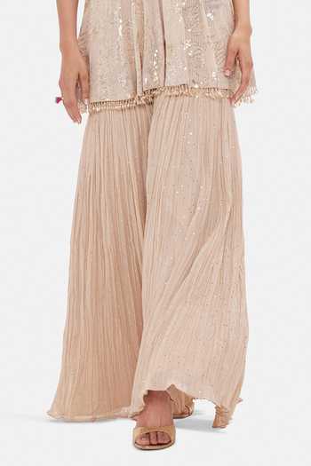 Basanti Kapde aur Koffee_Beige Georgette Sequins Bandeau Neck Royal Sandstone Sharara Set _Online_at_Aza_Fashions