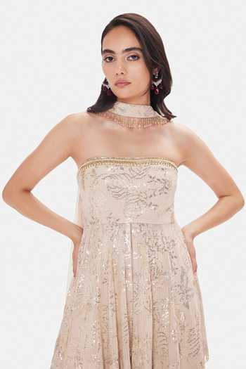 Buy_Basanti Kapde aur Koffee_Beige Georgette Sequins Bandeau Neck Royal Sandstone Sharara Set _Online_at_Aza_Fashions