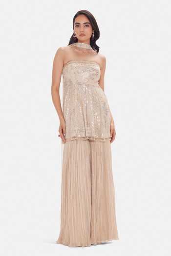 Shop_Basanti Kapde aur Koffee_Beige Georgette Sequins Bandeau Neck Royal Sandstone Sharara Set _Online_at_Aza_Fashions