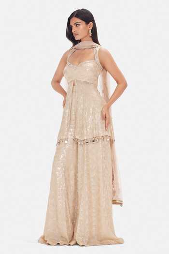 Basanti Kapde aur Koffee_Beige Georgette Sequins, Beads, Crystals Shimmer Embroidered Sharara Set _Online_at_Aza_Fashions