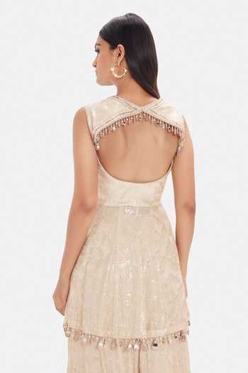 Shop_Basanti Kapde aur Koffee_Beige Georgette Sequins, Beads, Crystals Shimmer Embroidered Sharara Set _at_Aza_Fashions