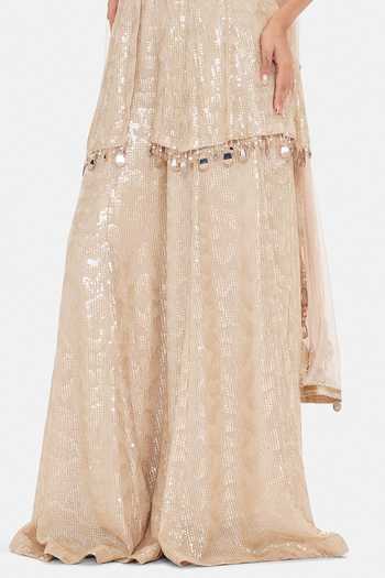 Buy_Basanti Kapde aur Koffee_Beige Georgette Sequins, Beads, Crystals Shimmer Embroidered Sharara Set _Online_at_Aza_Fashions