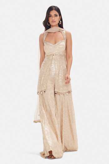 Buy_Basanti Kapde aur Koffee_Beige Georgette Sequins, Beads, Crystals Shimmer Embroidered Sharara Set _at_Aza_Fashions