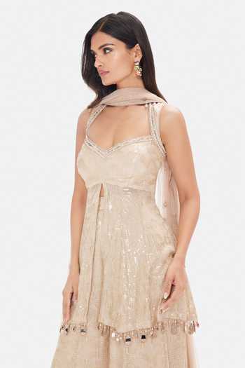 Shop_Basanti Kapde aur Koffee_Beige Georgette Sequins, Beads, Crystals Shimmer Embroidered Sharara Set _Online_at_Aza_Fashions