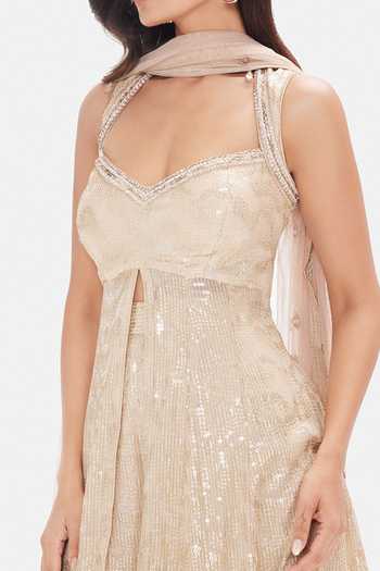 Basanti Kapde aur Koffee_Beige Georgette Sequins, Beads, Crystals Shimmer Embroidered Sharara Set _at_Aza_Fashions