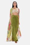 Basanti Kapde aur Koffee_Gold Crepe Sequins, Beads, Zari V-neck Olive Oasis Cape And Draped Skirt Set _Online_at_Aza_Fashions