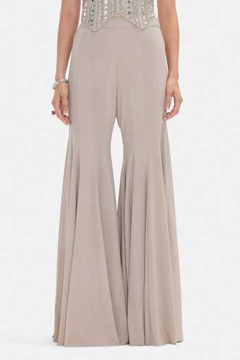 Buy_Basanti Kapde aur Koffee_Silver Silk, Lycra Sequins, Beads, Mirrors Halter Minimalist Flare Sharara Set _Online_at_Aza_Fashions