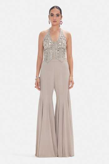 Shop_Basanti Kapde aur Koffee_Silver Silk, Lycra Sequins, Beads, Mirrors Halter Minimalist Flare Sharara Set _Online_at_Aza_Fashions