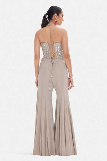 Basanti Kapde aur Koffee_Silver Silk, Lycra Sequins, Beads, Mirrors Halter Minimalist Flare Sharara Set _Online_at_Aza_Fashions