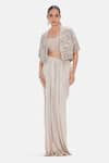 Buy_Basanti Kapde aur Koffee_Beige Silk, Dupion Sequins, Beads, Ethereal Waves Jacket And Draped Skirt Set _at_Aza_Fashions