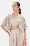Buy_Basanti Kapde aur Koffee_Beige Silk, Dupion Sequins, Beads, Ethereal Waves Jacket And Draped Skirt Set _Online_at_Aza_Fashions