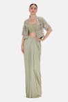 Buy_Basanti Kapde aur Koffee_Green Silk, Dupion Sequins, Beads, Pearls, Willow Jacket And Draped Skirt Set _at_Aza_Fashions