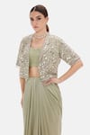 Basanti Kapde aur Koffee_Green Silk, Dupion Sequins, Beads, Pearls, Willow Jacket And Draped Skirt Set _Online_at_Aza_Fashions