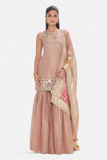Buy_Basanti Kapde aur Koffee_Gold Tissue Sequins, Beads, Mirrors, Zari Round Rose Cendree Kurta Sharara Set _at_Aza_Fashions