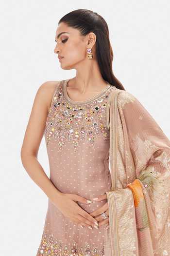 Buy_Basanti Kapde aur Koffee_Gold Tissue Sequins, Beads, Mirrors, Zari Round Rose Cendree Kurta Sharara Set _Online_at_Aza_Fashions