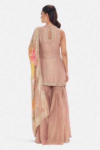 Shop_Basanti Kapde aur Koffee_Gold Tissue Sequins, Beads, Mirrors, Zari Round Rose Cendree Kurta Sharara Set _at_Aza_Fashions
