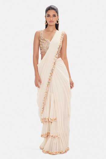 Buy_Basanti Kapde aur Koffee_Pink Silk, Georgette Sequins, Beads, Prism Symphony Pre-draped Saree With Blouse _at_Aza_Fashions