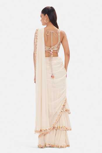Shop_Basanti Kapde aur Koffee_Pink Silk, Georgette Sequins, Beads, Prism Symphony Pre-draped Saree With Blouse _at_Aza_Fashions